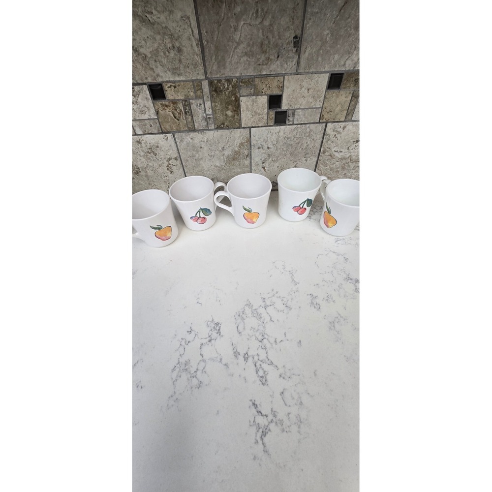 Vintage Fruit Ceramic Correlle Mugs Set of 5 White Peach Cherry